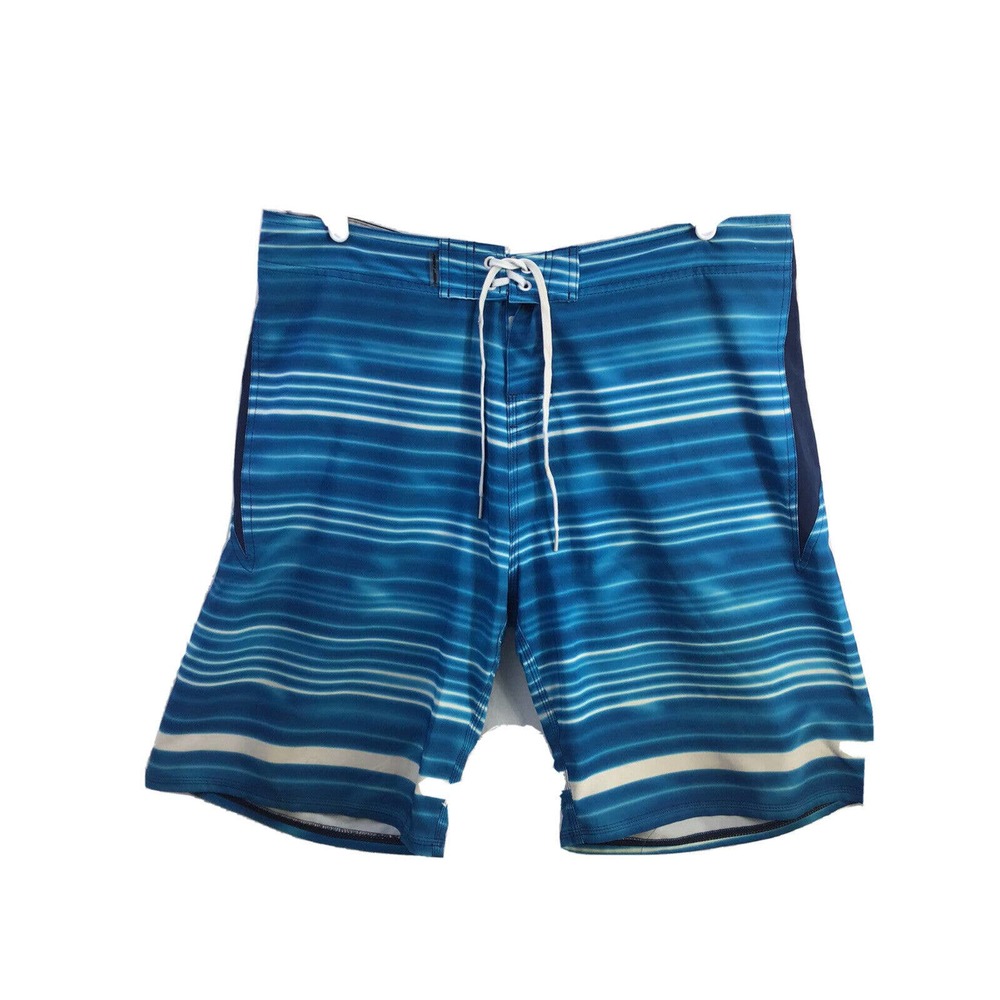 Ron Jon Surf Shop Shorts Mens 38 Blue Striped Board Trunks Swim Spandex Stretch